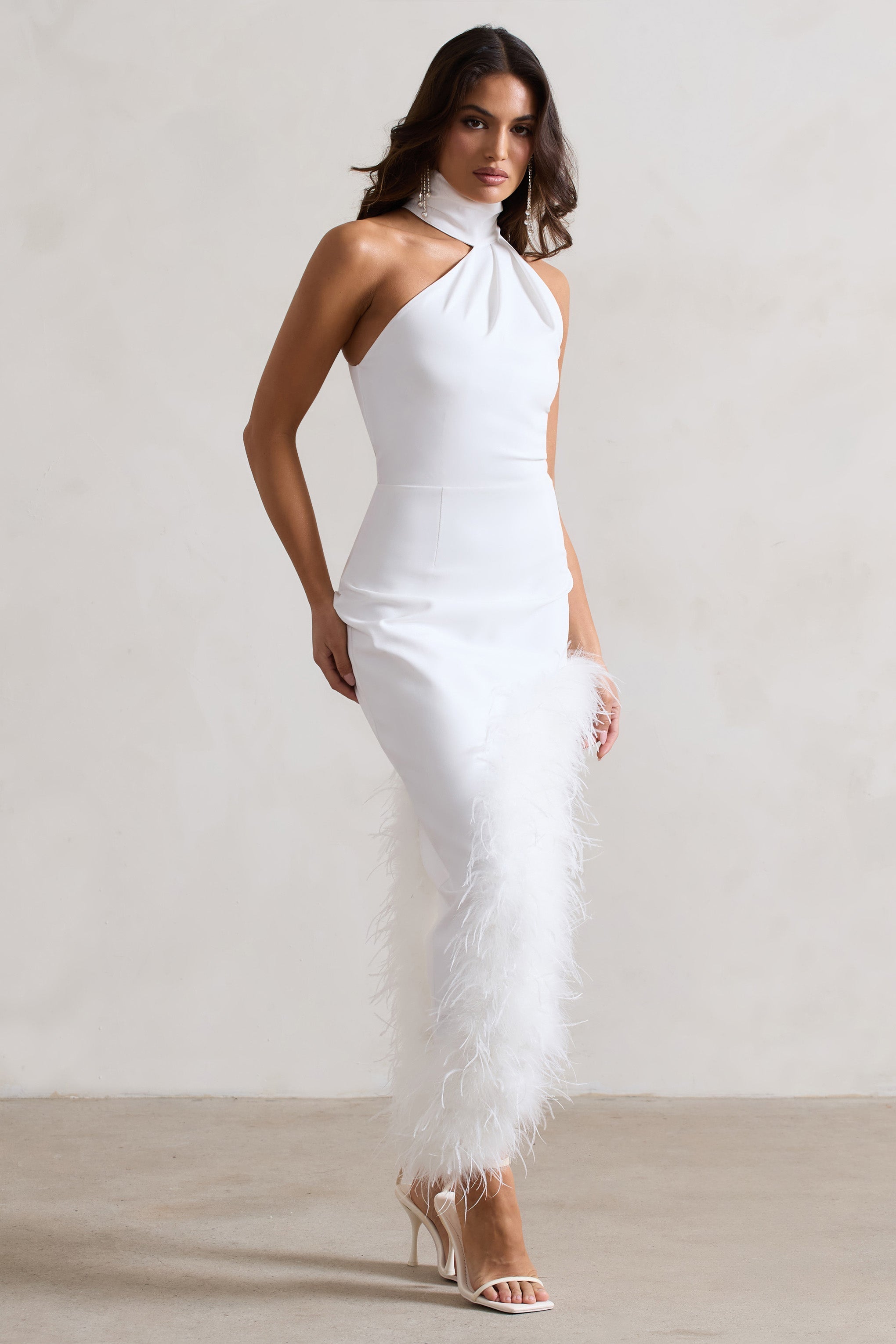 Brilliance White Asymmetric Maxi Dress With Feather Trim-Fashionmomo.All Rights Reserved