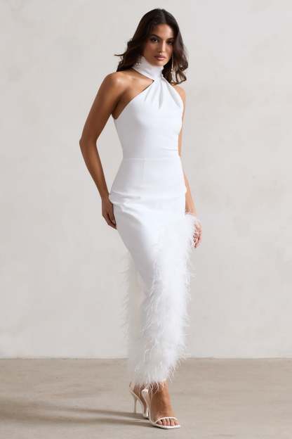 Brilliance White Asymmetric Maxi Dress With Feather Trim-Fashionmomo.All Rights Reserved