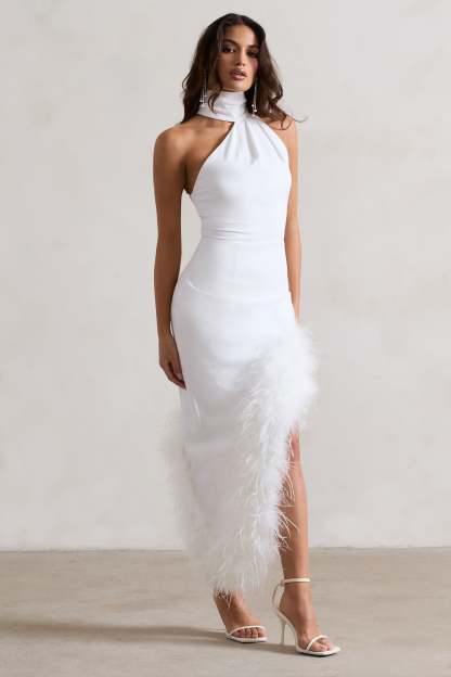 Brilliance White Asymmetric Maxi Dress With Feather Trim-Fashionmomo.All Rights Reserved