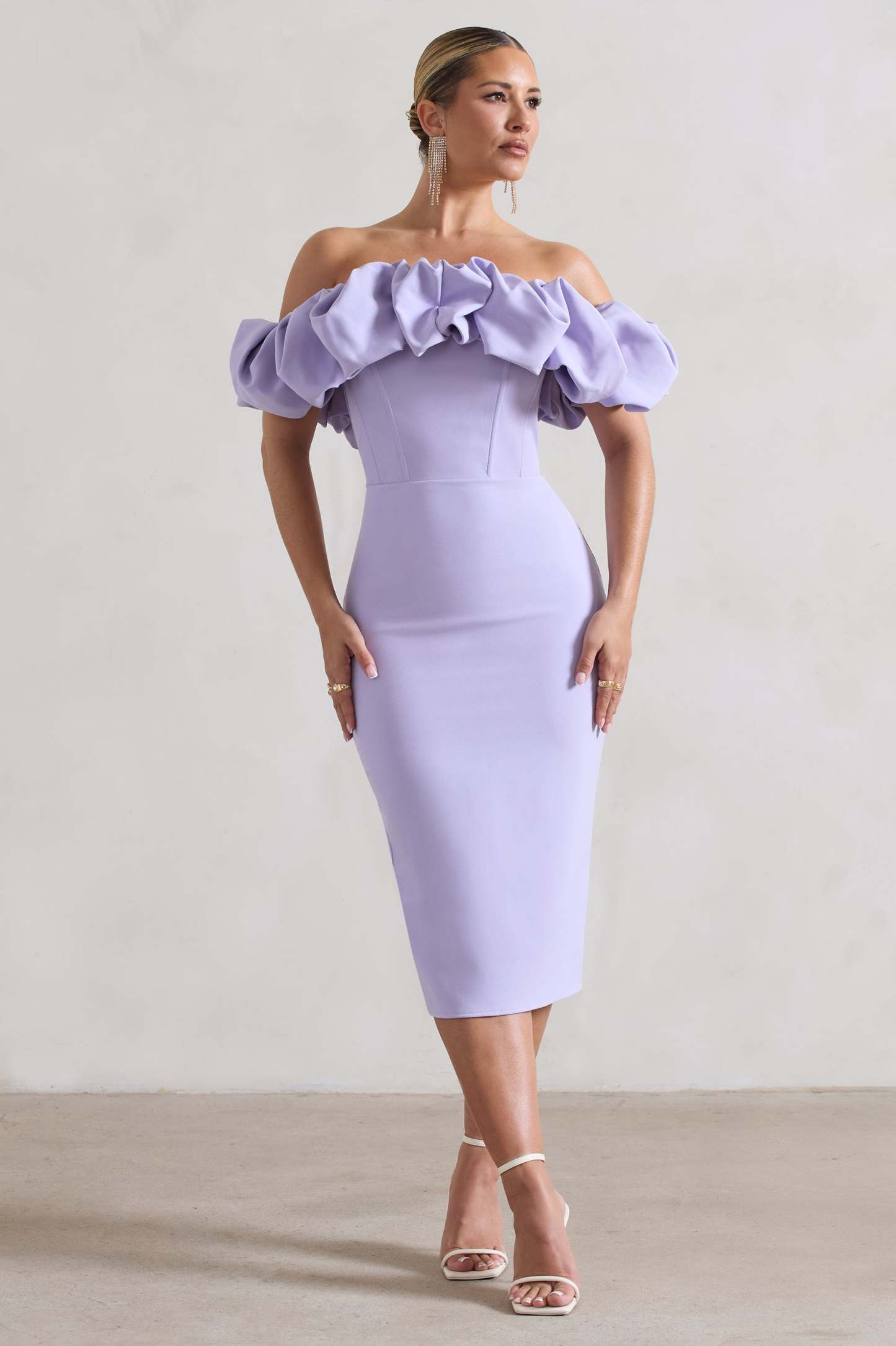 Amie Lilac Structured Ruffle Bardot Midi Dress-Fashionmomo.All Rights Reserved