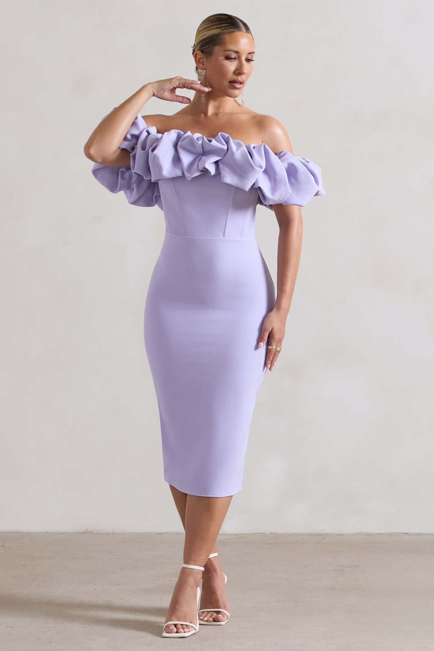 Amie Lilac Structured Ruffle Bardot Midi Dress-Fashionmomo.All Rights Reserved