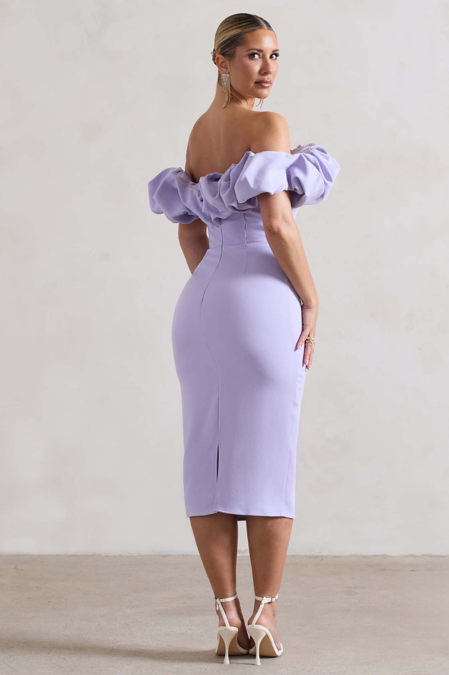 Amie Lilac Structured Ruffle Bardot Midi Dress-Fashionmomo.All Rights Reserved