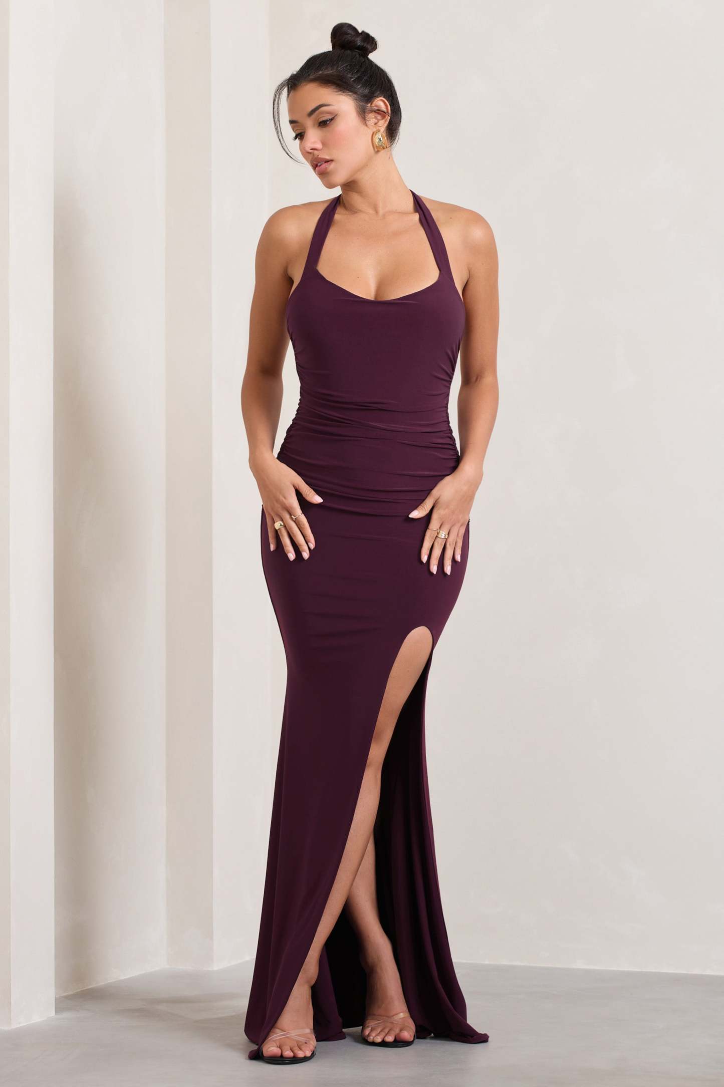 Idol Burgundy Halter-Neck Split Maxi Dress-Fashionmomo.All Rights Reserved