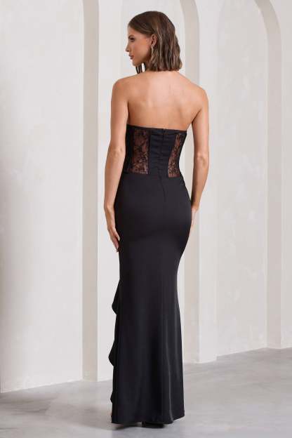 Attention Please Black Strapless Lace Panelled Corset Split Maxi Dress-Fashionmomo.All Rights Reserved
