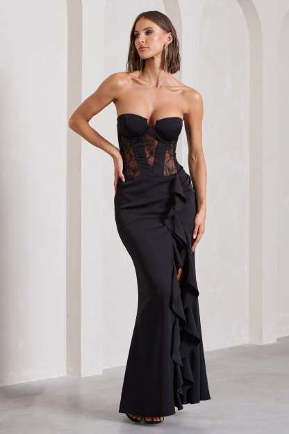 Attention Please Black Strapless Lace Panelled Corset Split Maxi Dress-Fashionmomo.All Rights Reserved
