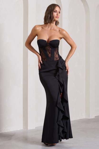 Attention Please Black Strapless Lace Panelled Corset Split Maxi Dress-Fashionmomo.All Rights Reserved