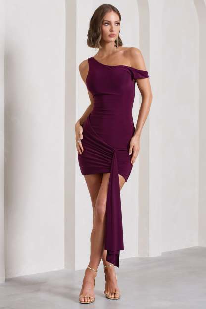 Arielle Plum Asymmetric Mini Dress With Tie Sash-Fashionmomo.All Rights Reserved