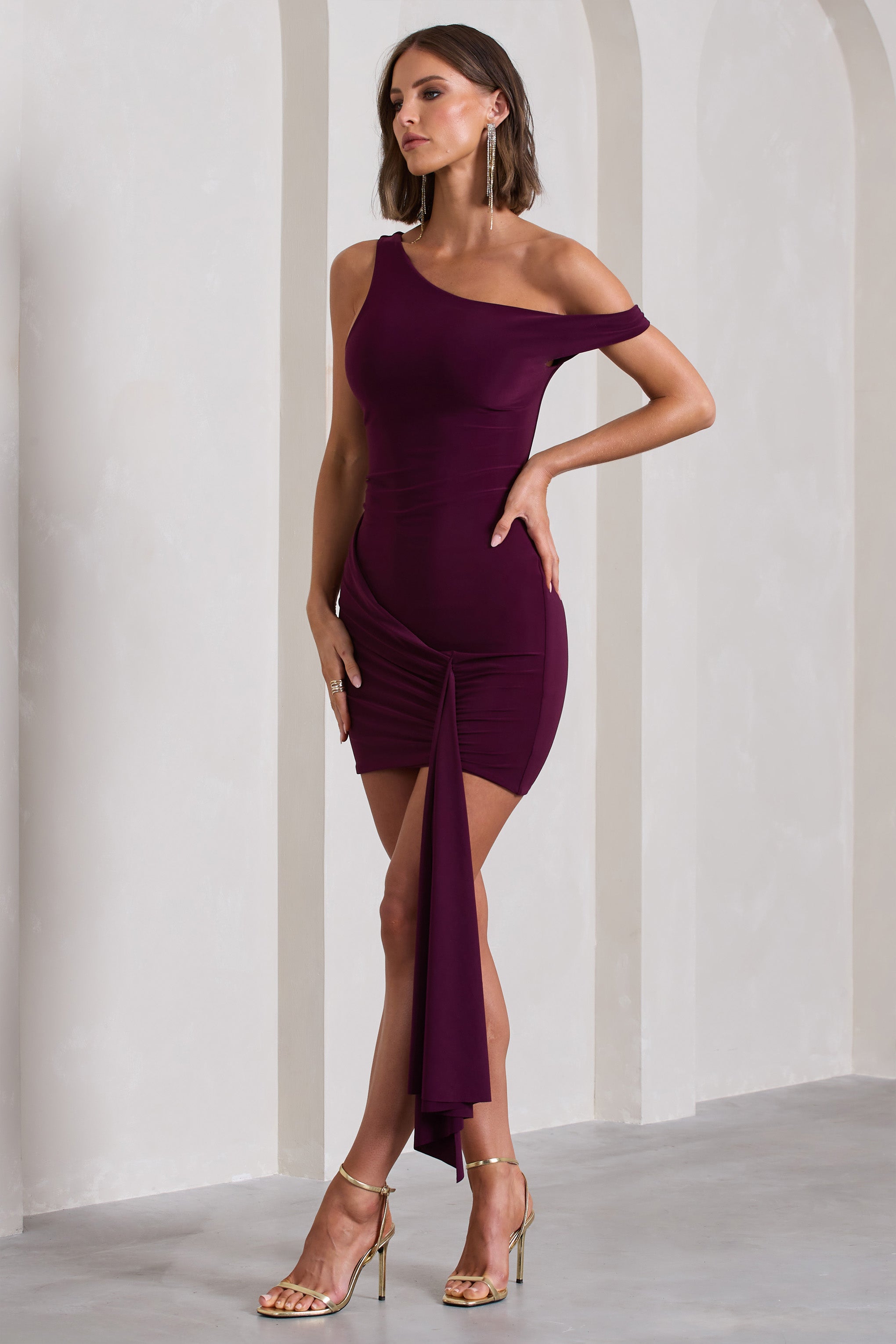 Arielle Plum Asymmetric Mini Dress With Tie Sash-Fashionmomo.All Rights Reserved
