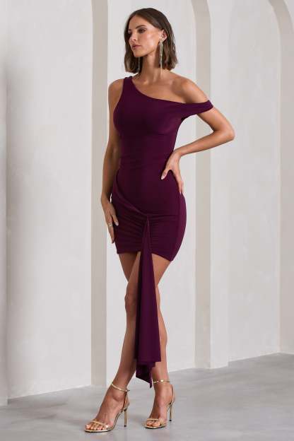 Arielle Plum Asymmetric Mini Dress With Tie Sash-Fashionmomo.All Rights Reserved