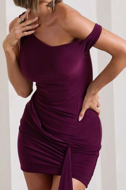 Arielle Plum Asymmetric Mini Dress With Tie Sash-Fashionmomo.All Rights Reserved