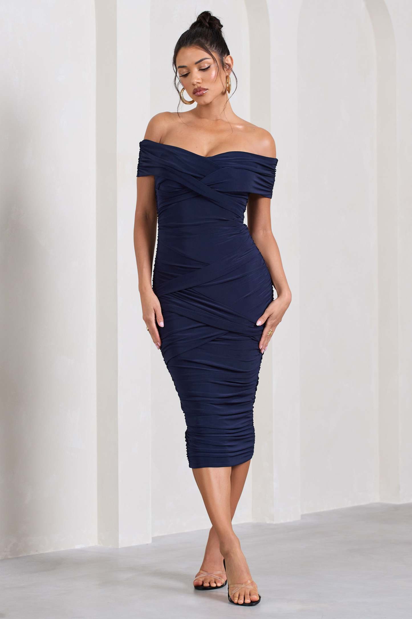 Amanda Navy Twisted Wrap Bardot Midi Dress-Fashionmomo.All Rights Reserved