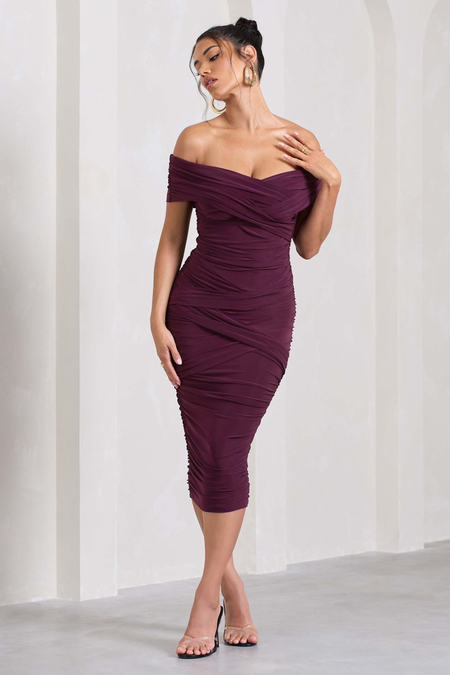 Amanda Cherry Twisted Wrap Bardot Midi Dress-Fashionmomo.All Rights Reserved
