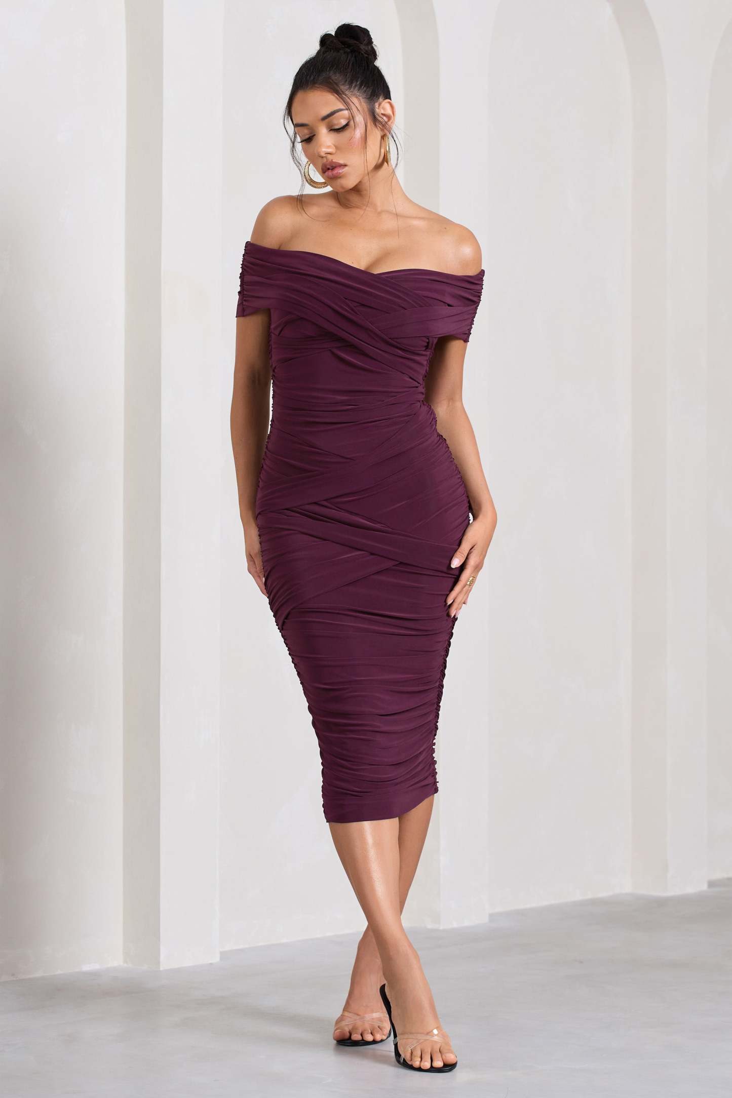 Amanda Cherry Twisted Wrap Bardot Midi Dress-Fashionmomo.All Rights Reserved