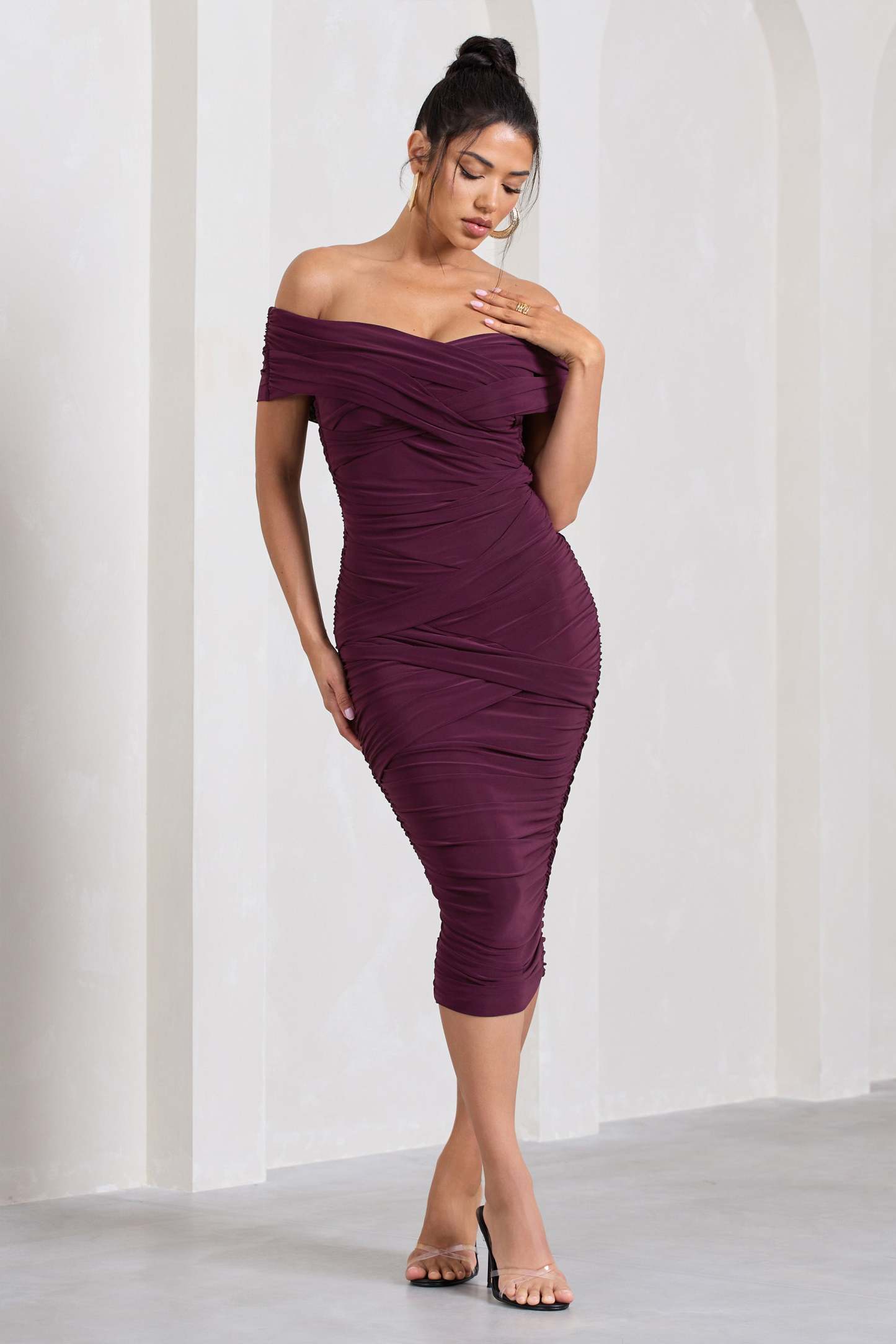Amanda Cherry Twisted Wrap Bardot Midi Dress-Fashionmomo.All Rights Reserved