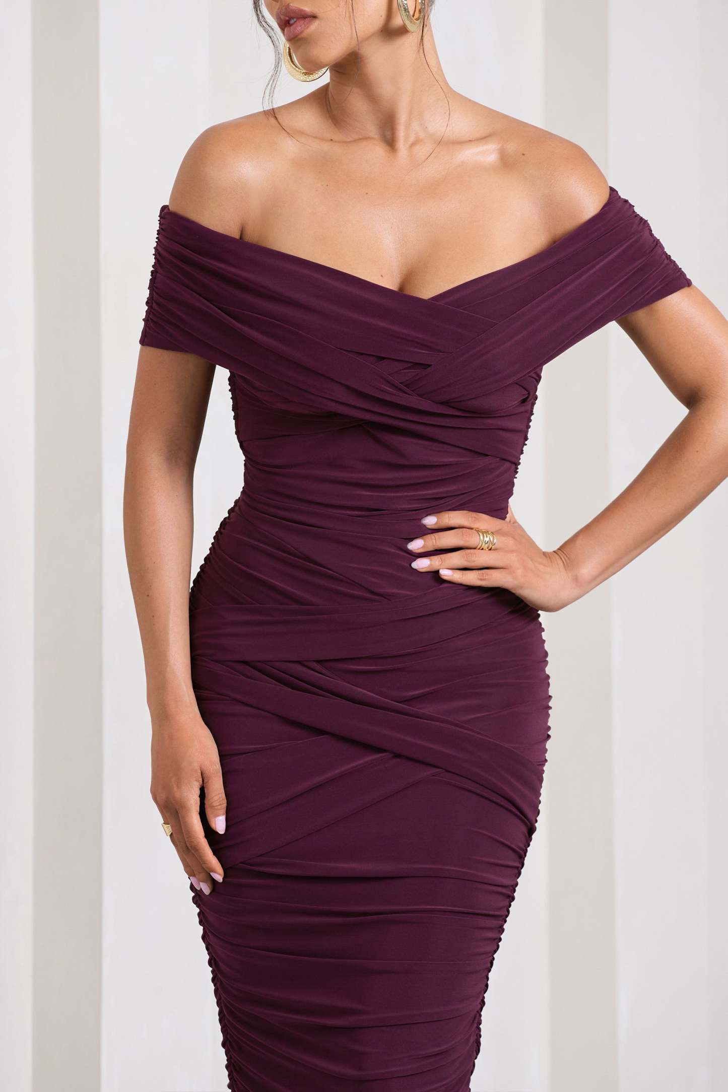 Amanda Cherry Twisted Wrap Bardot Midi Dress-Fashionmomo.All Rights Reserved