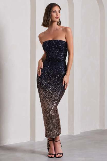 Fade Navy Gold Ombre Sequin Bandeau Bodycon Maxi Dress-Fashionmomo.All Rights Reserved
