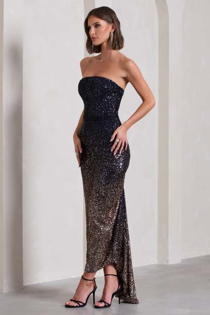 Fade Navy Gold Ombre Sequin Bandeau Bodycon Maxi Dress-Fashionmomo.All Rights Reserved