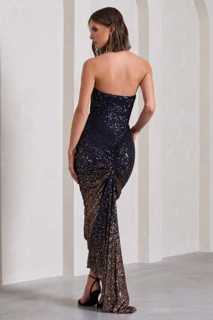 Fade Navy Gold Ombre Sequin Bandeau Bodycon Maxi Dress-Fashionmomo.All Rights Reserved