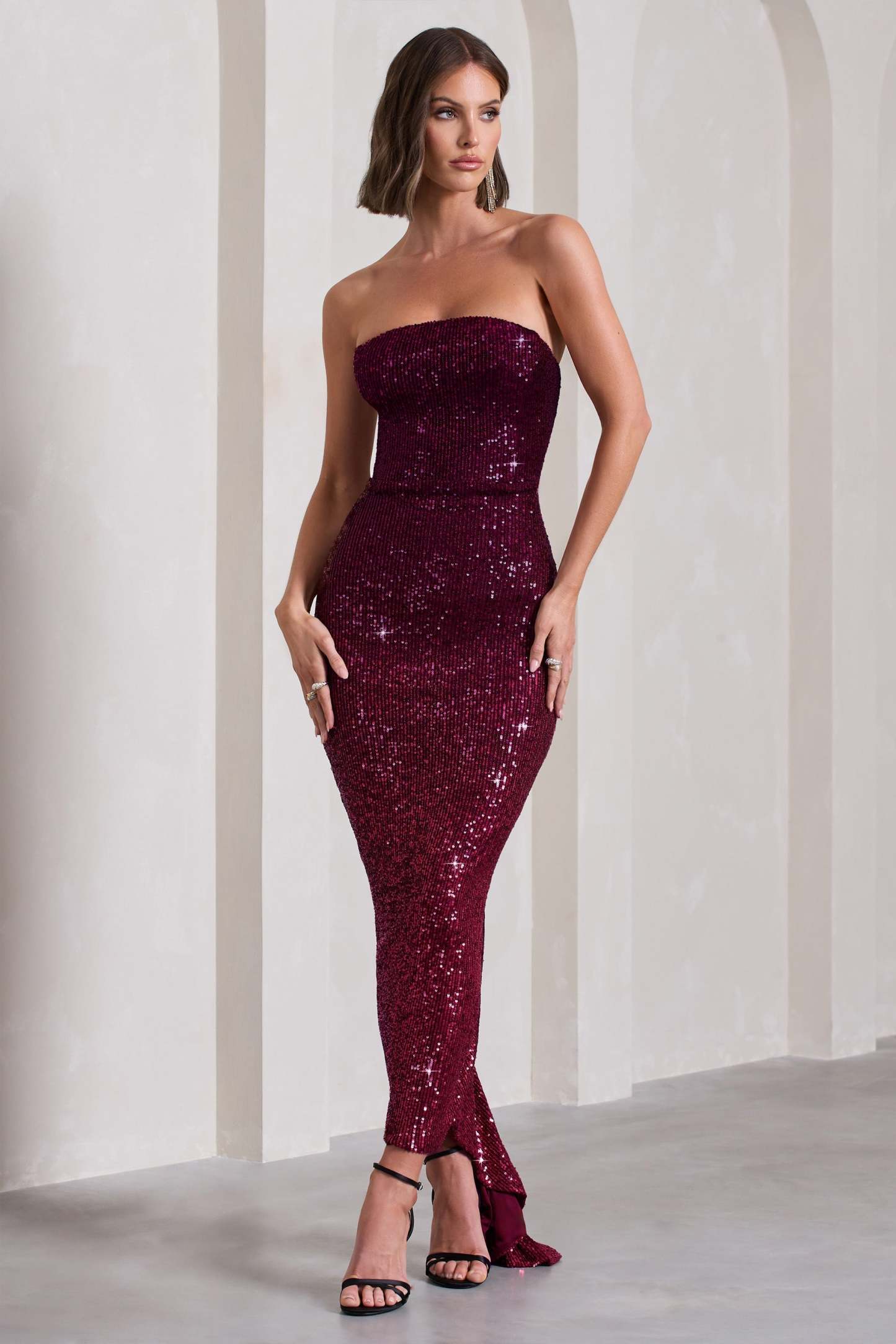 Fade Berry Ombre Sequin Bandeau Bodycon Maxi Dress-Fashionmomo.All Rights Reserved