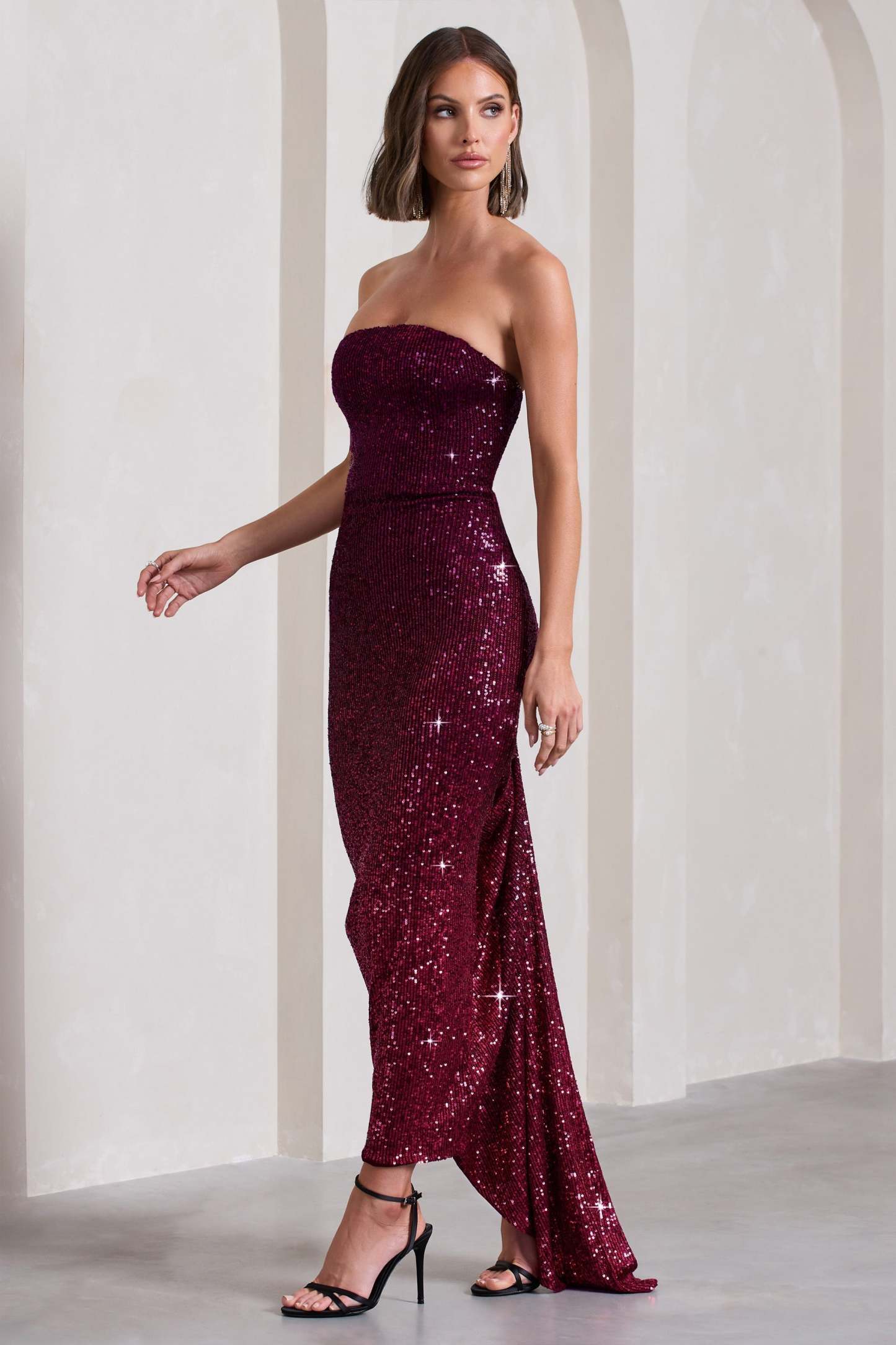 Fade Berry Ombre Sequin Bandeau Bodycon Maxi Dress-Fashionmomo.All Rights Reserved