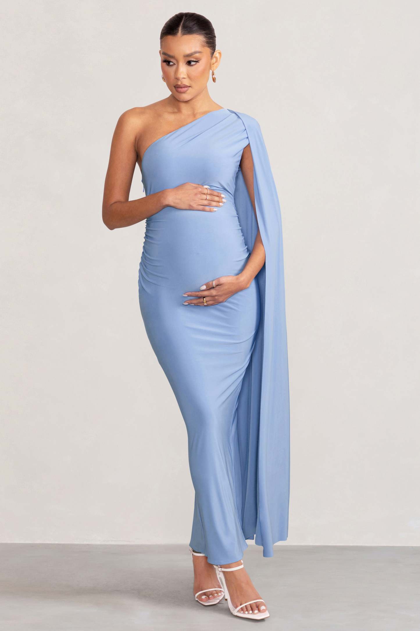 Amaryllis Powder Blue Maternity One Shoulder Maxi Dress with Cape Sleeve-Fashionmomo.All Rights Reserved
