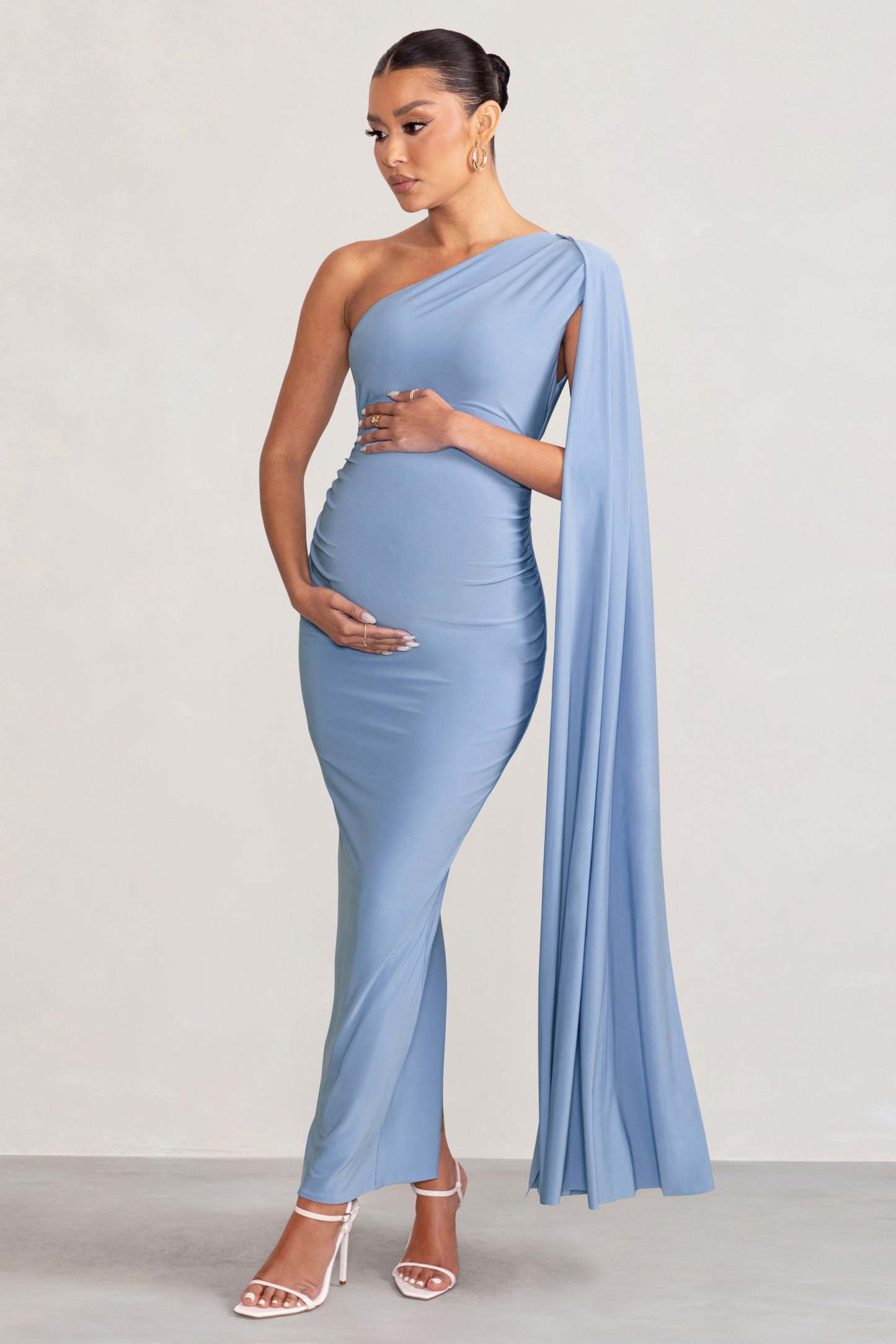 Amaryllis Powder Blue Maternity One Shoulder Maxi Dress with Cape Sleeve-Fashionmomo.All Rights Reserved