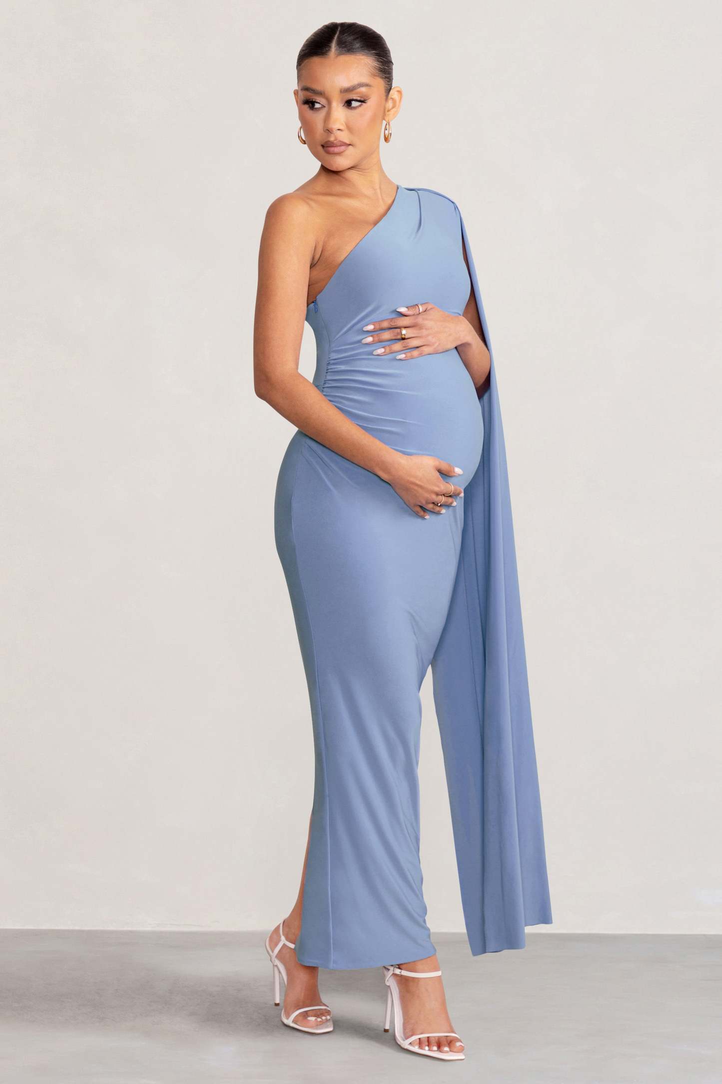 Amaryllis Powder Blue Maternity One Shoulder Maxi Dress with Cape Sleeve-Fashionmomo.All Rights Reserved