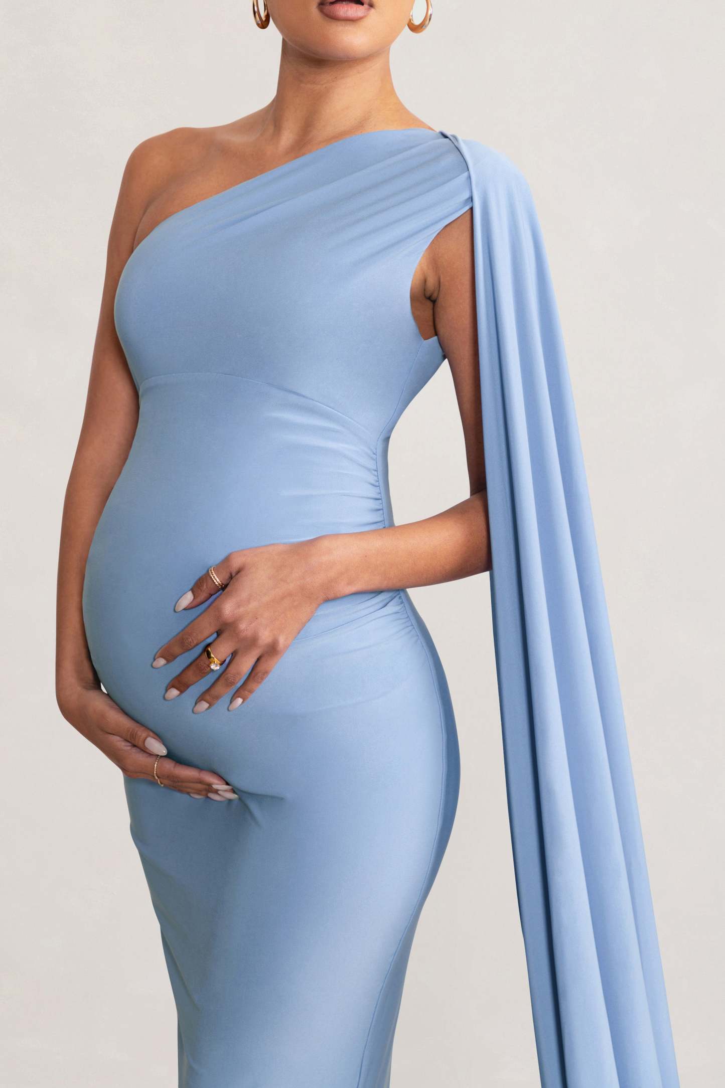 Amaryllis Powder Blue Maternity One Shoulder Maxi Dress with Cape Sleeve-Fashionmomo.All Rights Reserved