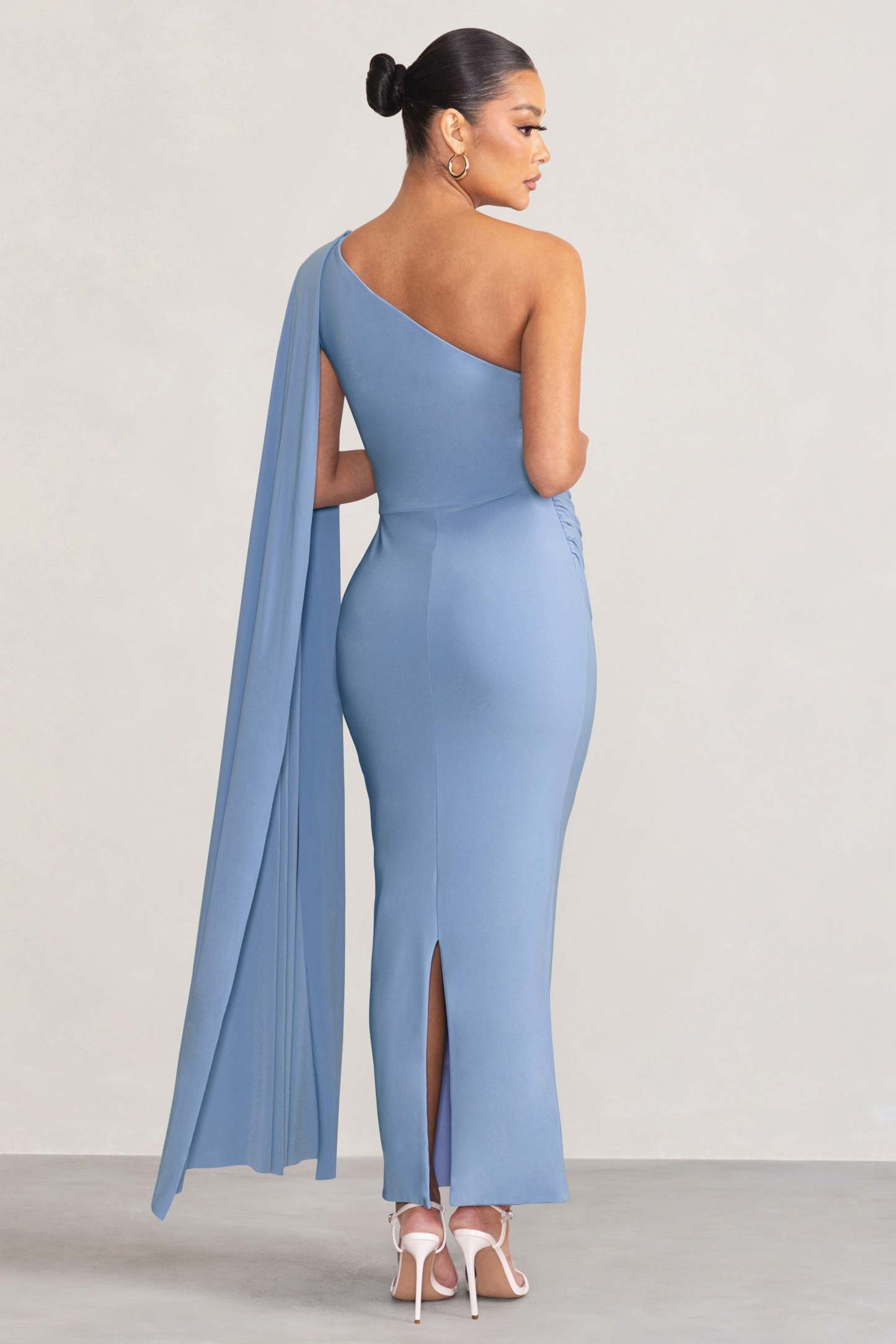 Amaryllis Powder Blue Maternity One Shoulder Maxi Dress with Cape Sleeve-Fashionmomo.All Rights Reserved