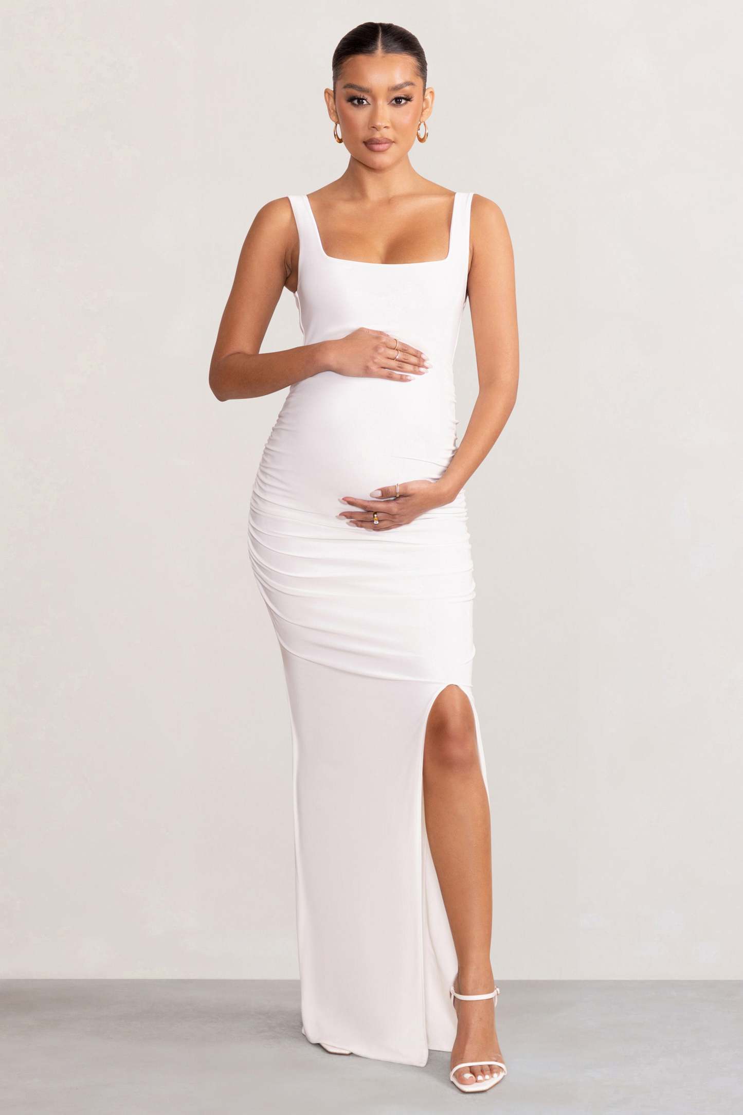Avril White Square Neck Maternity Maxi Dress with Split-Fashionmomo.All Rights Reserved