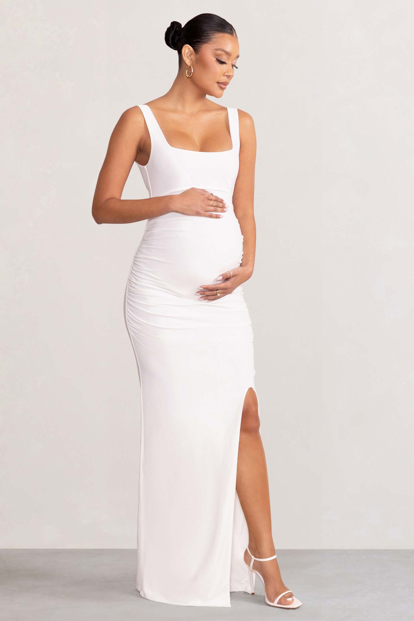 Avril White Square Neck Maternity Maxi Dress with Split-Fashionmomo.All Rights Reserved