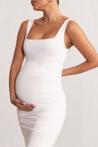 Avril White Square Neck Maternity Maxi Dress with Split-Fashionmomo.All Rights Reserved