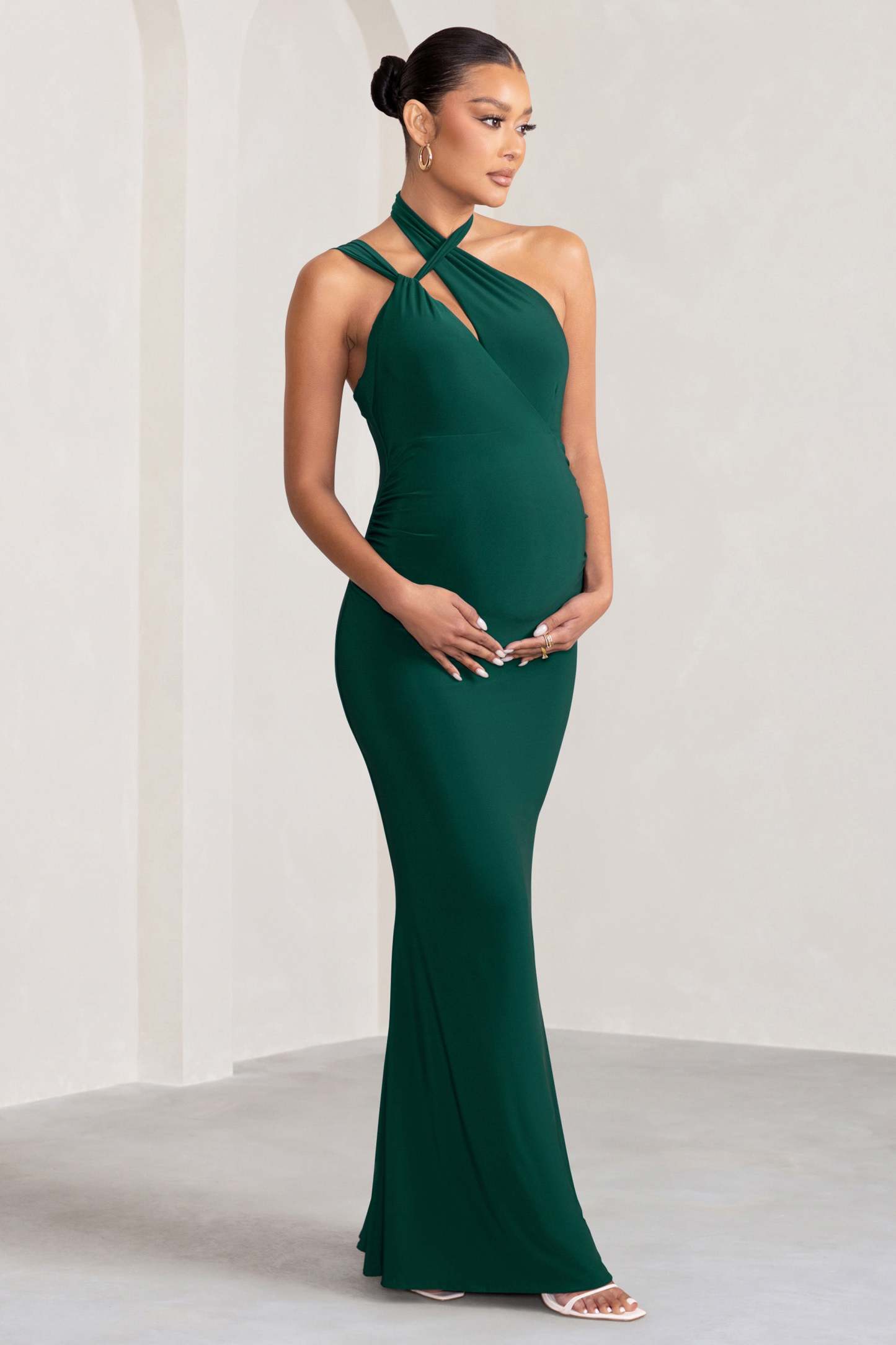 Alba Bottle Green Maternity Halter Asymmetric Maxi Dress with Cut Out-Fashionmomo.All Rights Reserved