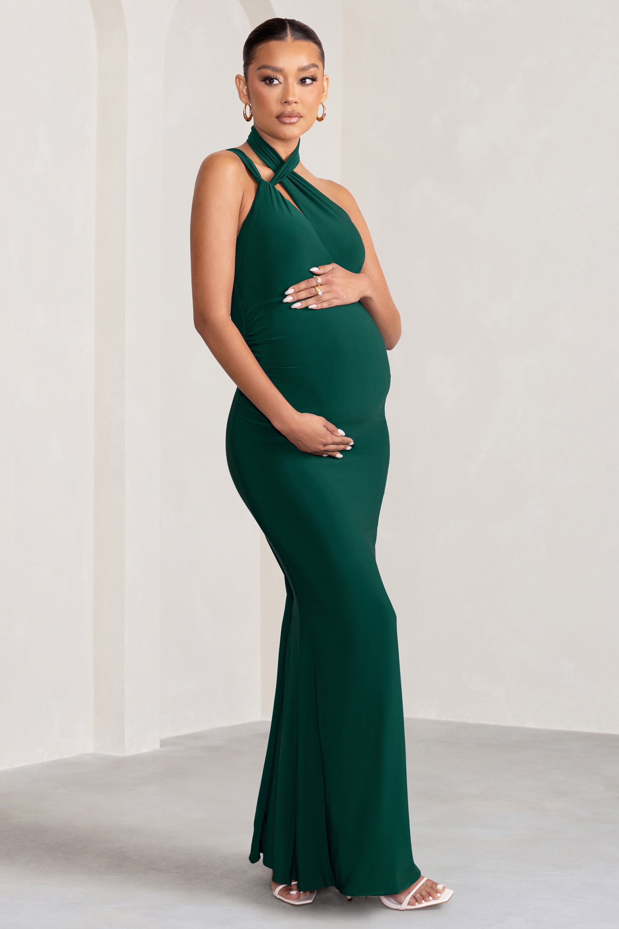 Alba Bottle Green Maternity Halter Asymmetric Maxi Dress with Cut Out-Fashionmomo.All Rights Reserved