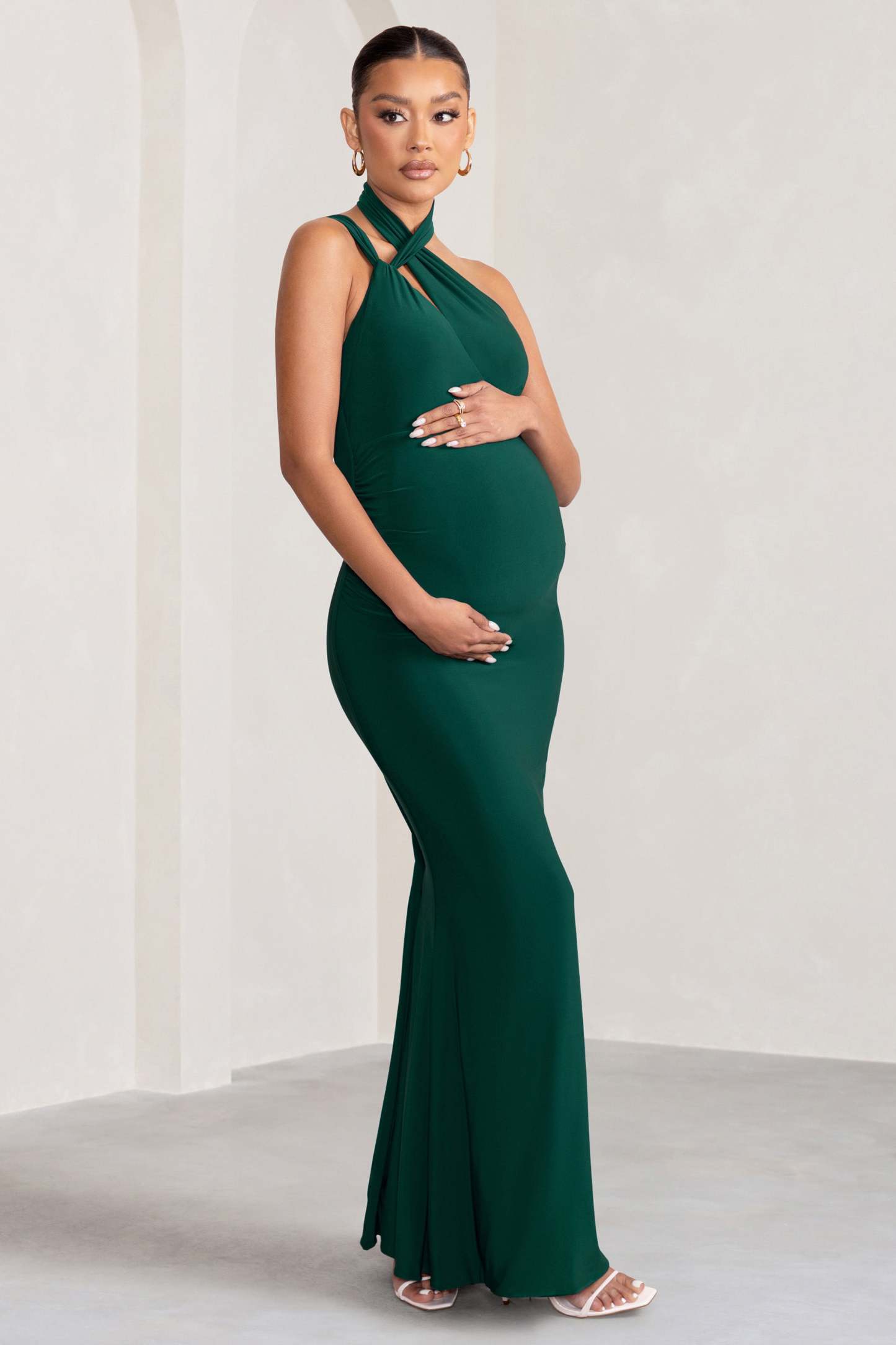 Alba Bottle Green Maternity Halter Asymmetric Maxi Dress with Cut Out-Fashionmomo.All Rights Reserved