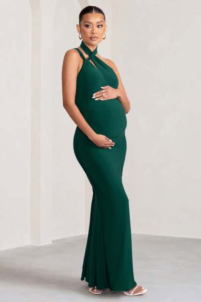 Alba Bottle Green Maternity Halter Asymmetric Maxi Dress with Cut Out-Fashionmomo.All Rights Reserved