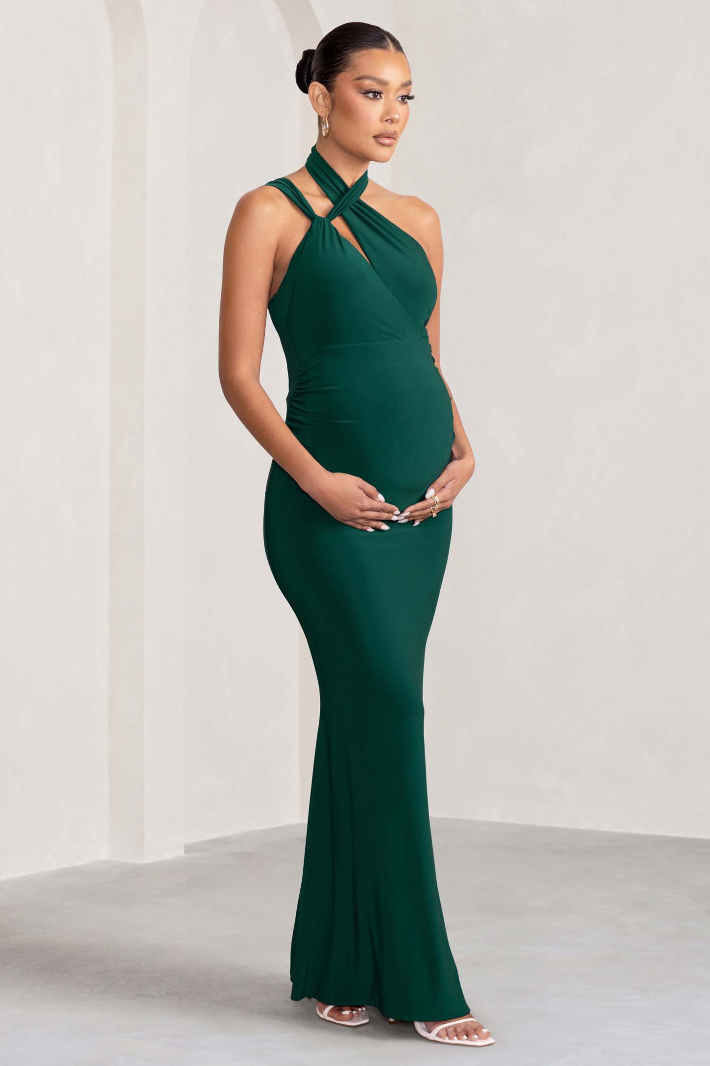 Alba Bottle Green Maternity Halter Asymmetric Maxi Dress with Cut Out-Fashionmomo.All Rights Reserved