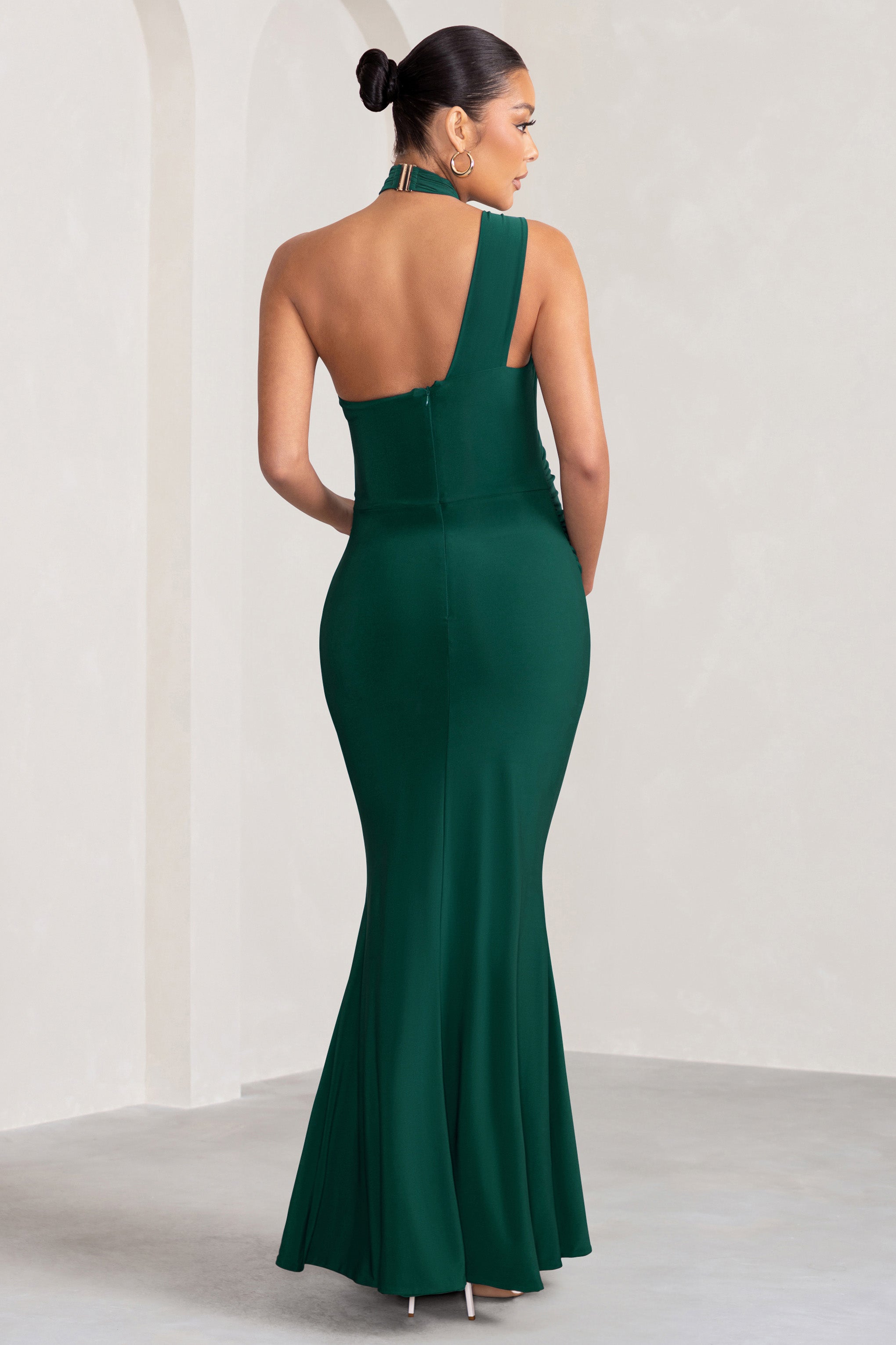 Alba Bottle Green Maternity Halter Asymmetric Maxi Dress with Cut Out-Fashionmomo.All Rights Reserved