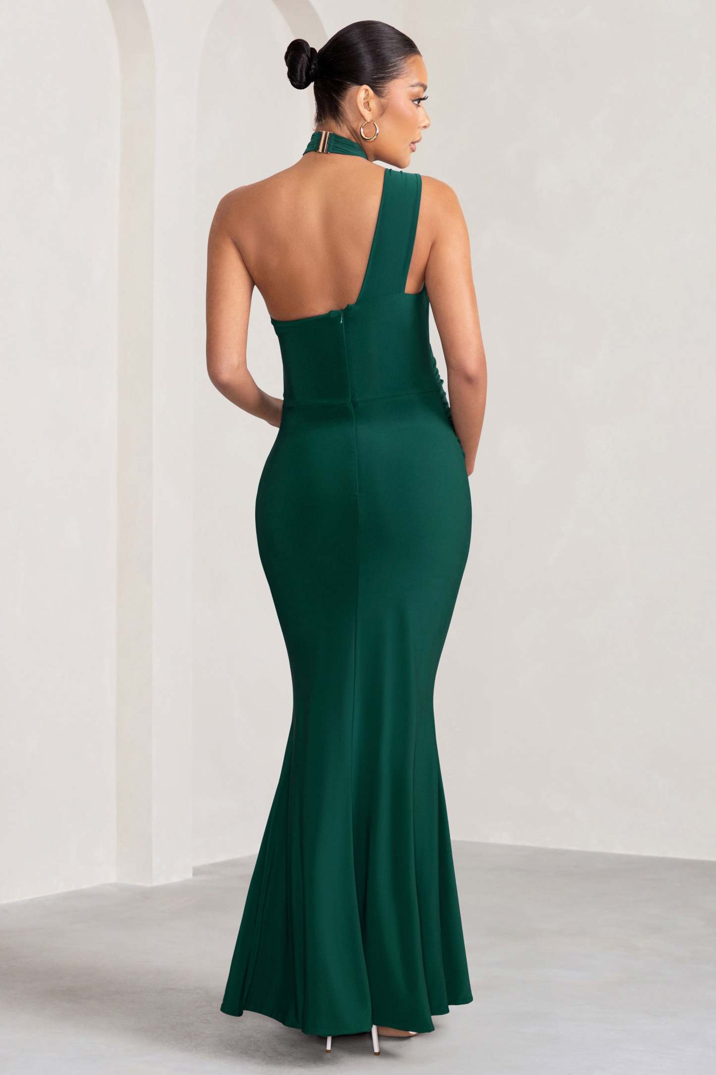 Alba Bottle Green Maternity Halter Asymmetric Maxi Dress with Cut Out-Fashionmomo.All Rights Reserved