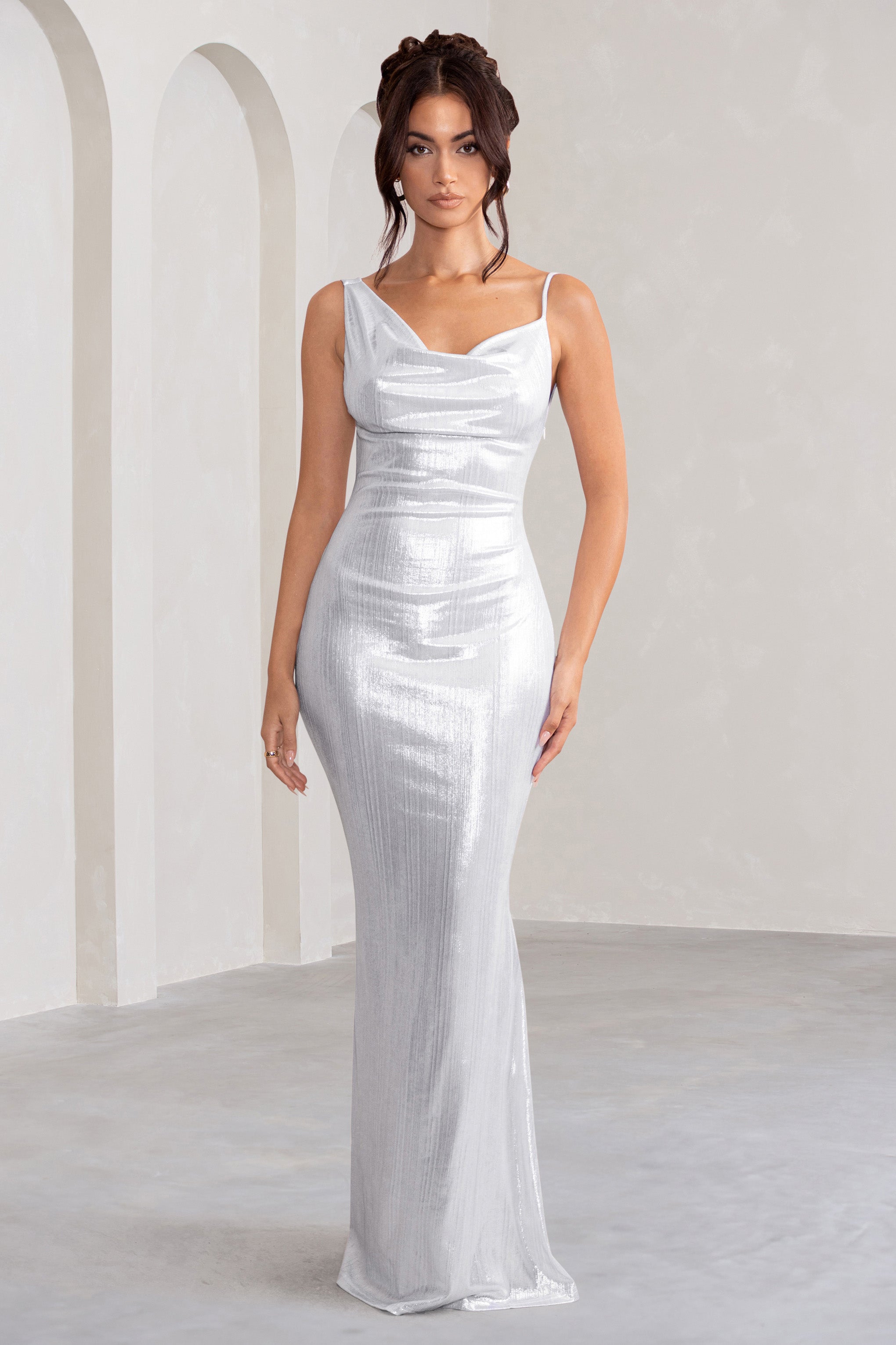 Galaxy Shimmer Silver Bias Cut Cowl Front Maxi Dress-Fashionmomo.All Rights Reserved