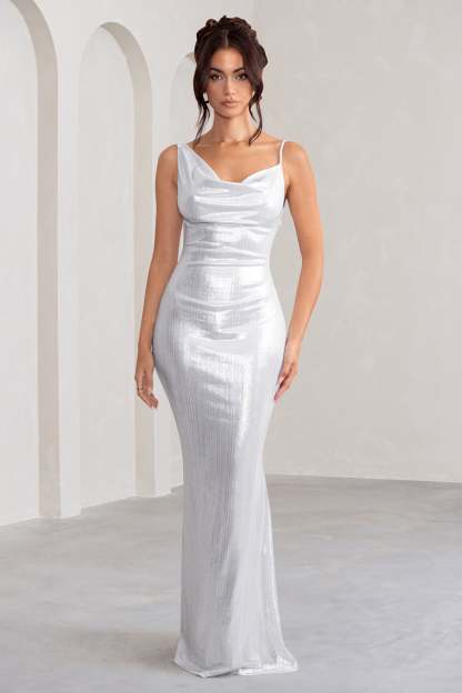 Galaxy Shimmer Silver Bias Cut Cowl Front Maxi Dress-Fashionmomo.All Rights Reserved