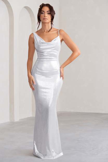 Galaxy Shimmer Silver Bias Cut Cowl Front Maxi Dress-Fashionmomo.All Rights Reserved