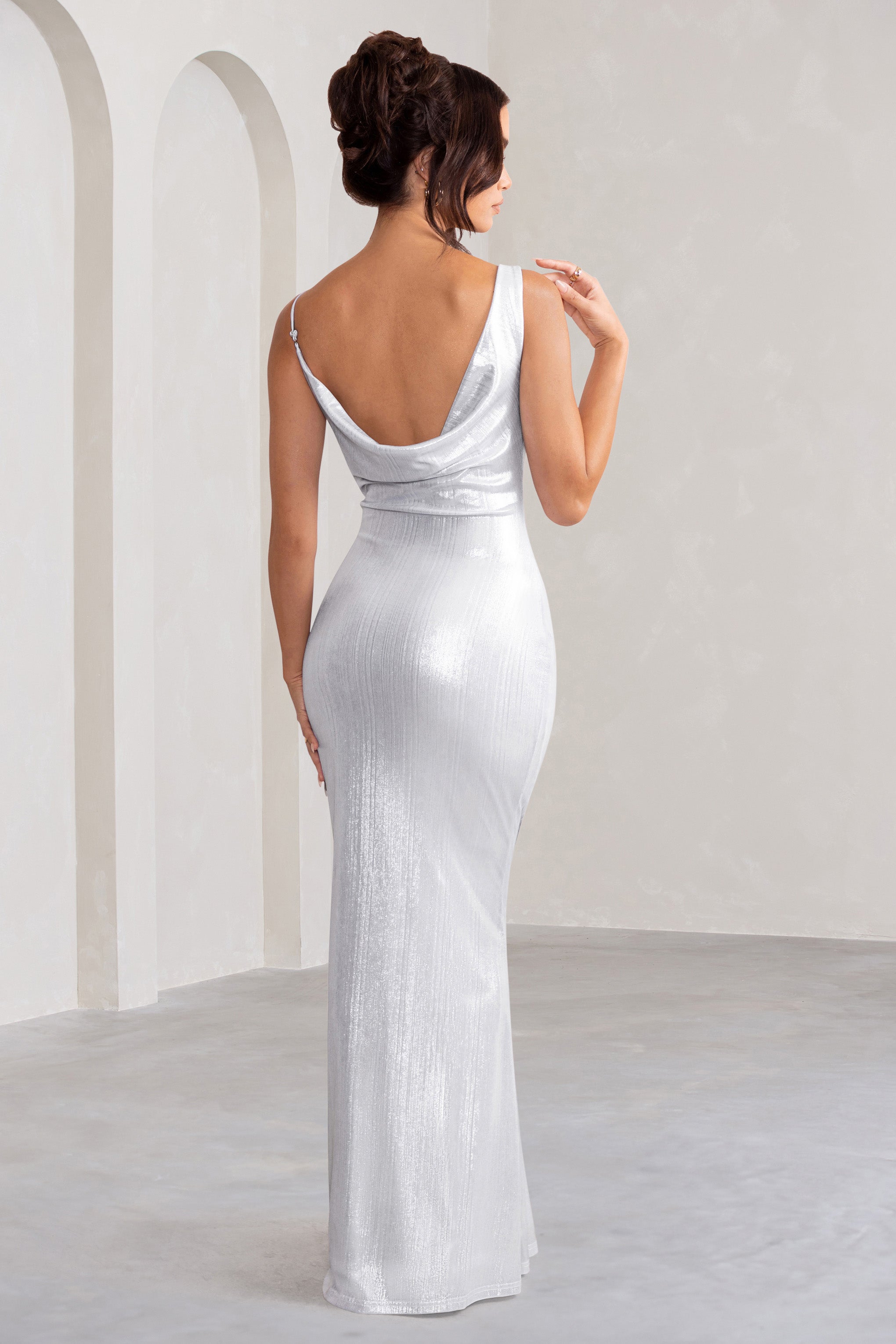 Galaxy Shimmer Silver Bias Cut Cowl Front Maxi Dress-Fashionmomo.All Rights Reserved