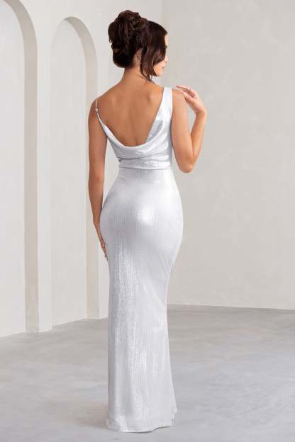Galaxy Shimmer Silver Bias Cut Cowl Front Maxi Dress-Fashionmomo.All Rights Reserved
