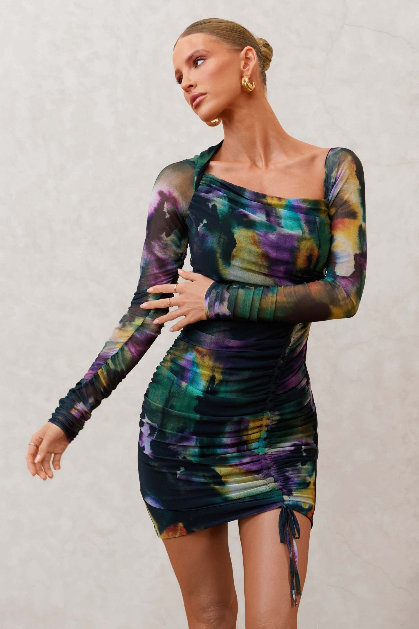 Aphrodite Watercolour Print Asymmetric Ruched Side Mini Dress-Fashionmomo.All Rights Reserved