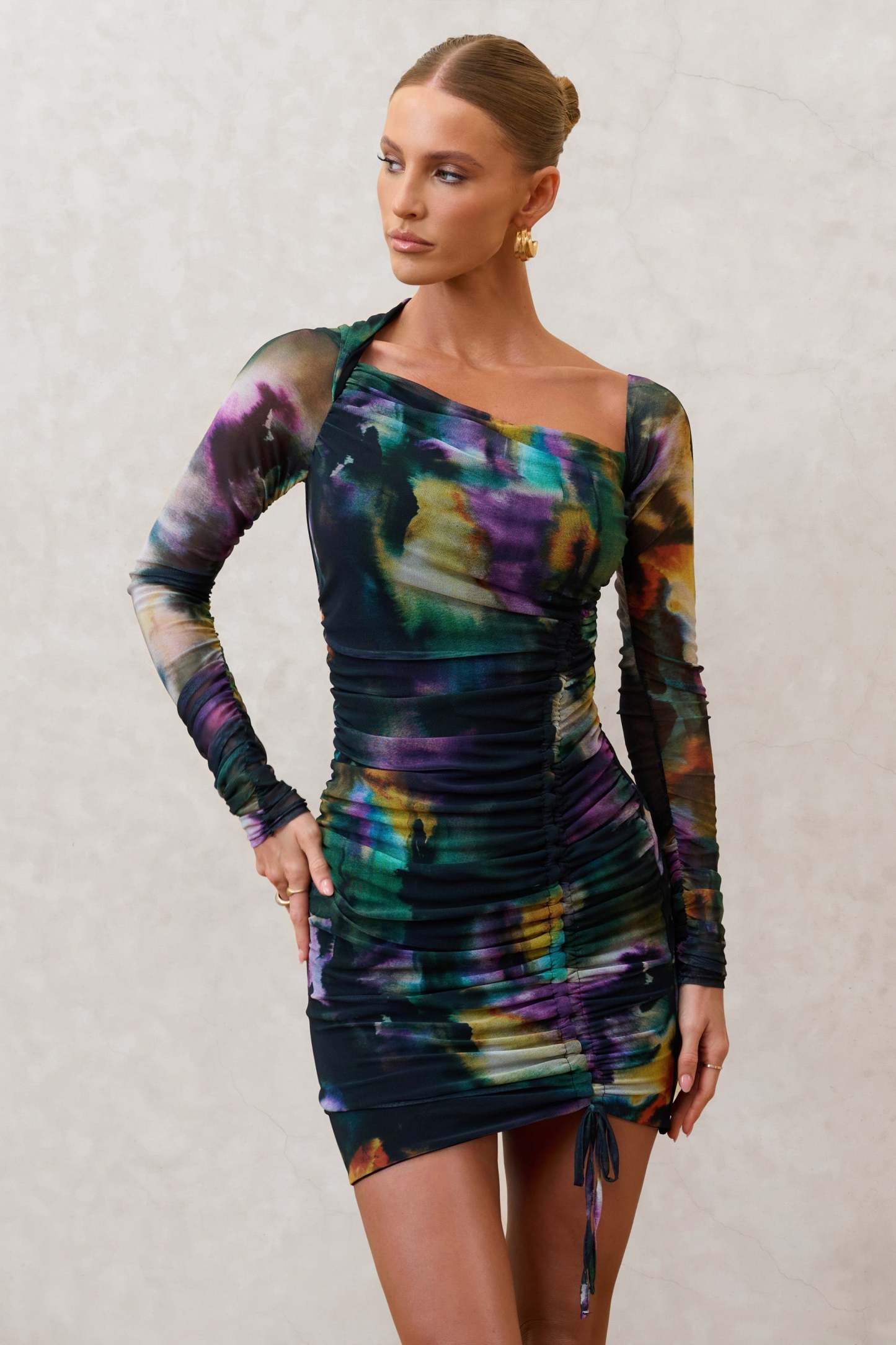 Aphrodite Watercolour Print Asymmetric Ruched Side Mini Dress-Fashionmomo.All Rights Reserved