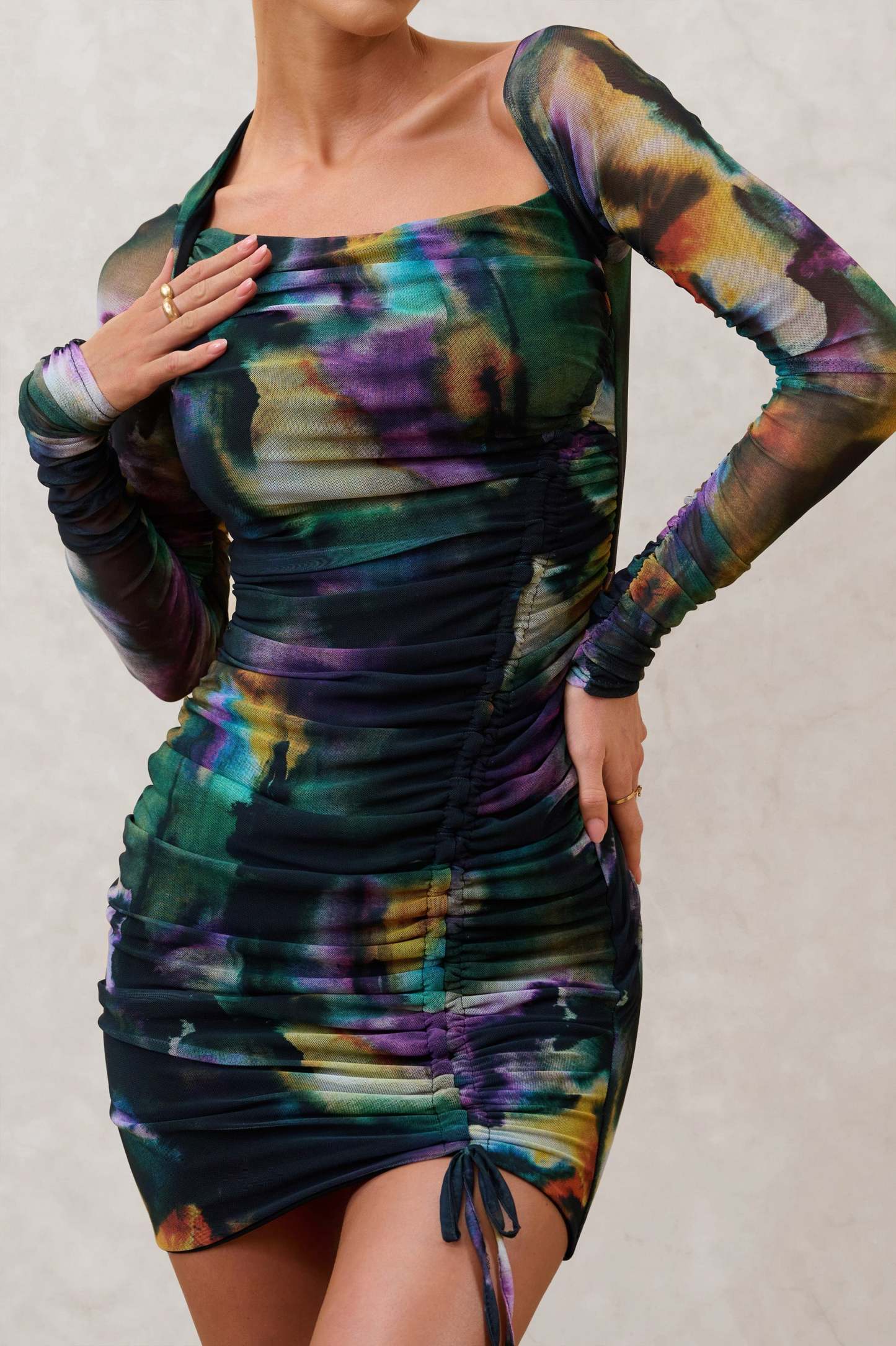 Aphrodite Watercolour Print Asymmetric Ruched Side Mini Dress-Fashionmomo.All Rights Reserved