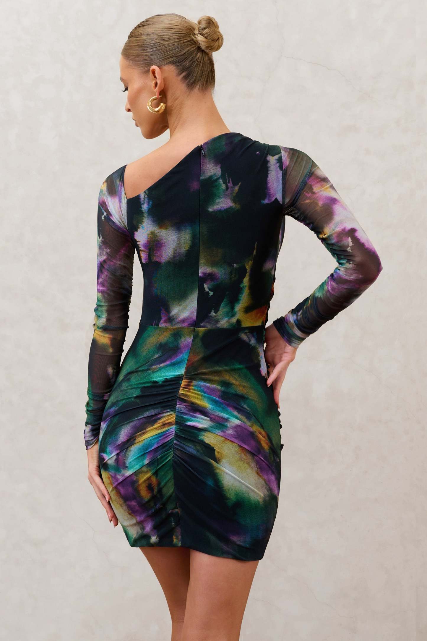 Aphrodite Watercolour Print Asymmetric Ruched Side Mini Dress-Fashionmomo.All Rights Reserved