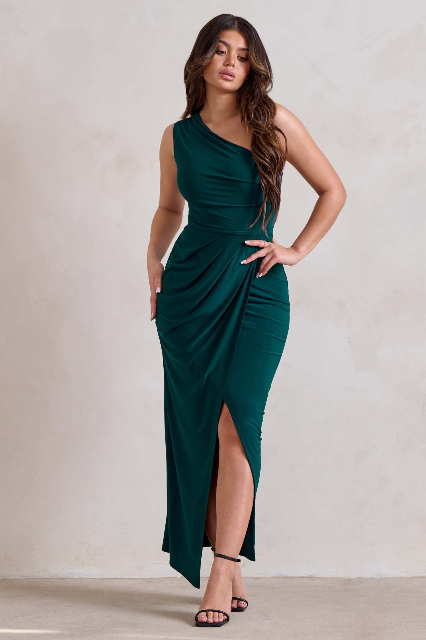 Athena Bottle Green One Shoulder Maxi Dress-Fashionmomo.All Rights Reserved