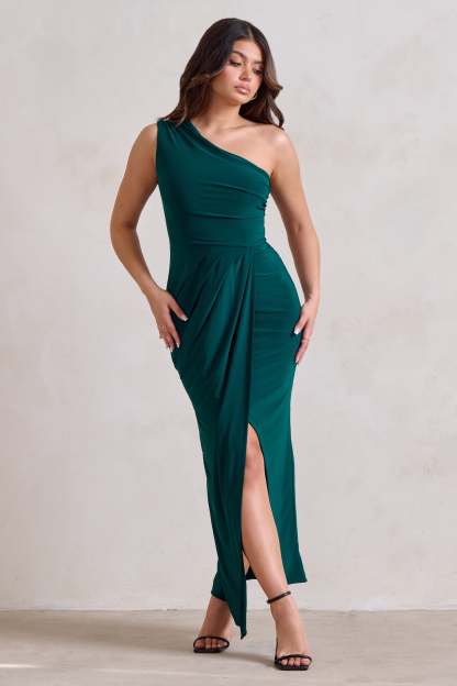 Athena Bottle Green One Shoulder Maxi Dress-Fashionmomo.All Rights Reserved